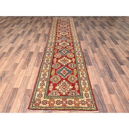 2'7"X12'8" Red Kazak With Geometric Design Hand Knotted Rug Wool Runner