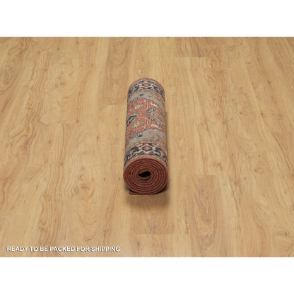 2'6"X8'3" Red Antiqued Heriz Re-Creation All Wool Hand Knotted Runner Rug