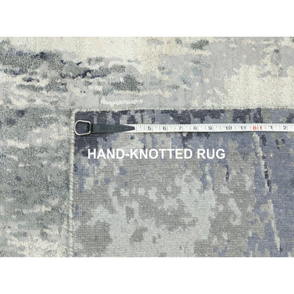 4'3"X10' Gray With Charcoal Black Hand Knotted Abstract Wool-Silk Rug