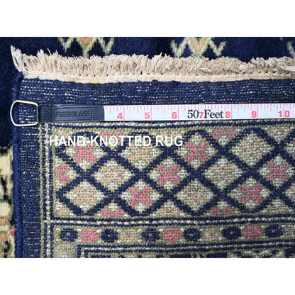2'6"X16'10" Blue Mori Bokara Geometric Motif Wool Hand Knotted Runner Rug