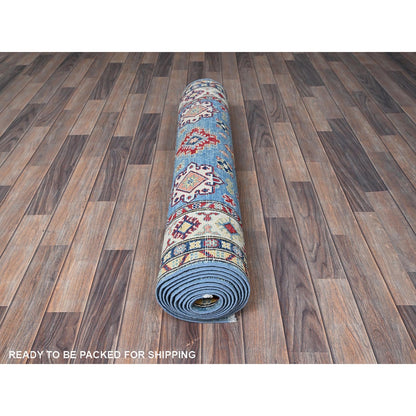 4'X13' Blue Kazak With Geometric Design Hand Knotted Soft Wool Runner Rug