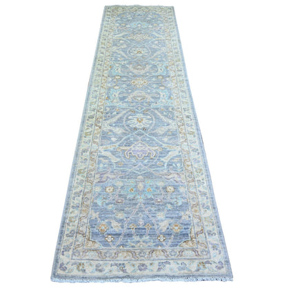 2'7"X9'6" Aegean Blue Finer Peshawar Wool Hand Knotted Runner Rug