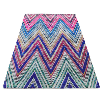 4'X6'2" Hot Pink Hand Knotted Chevron Design Silk With Wool Rug