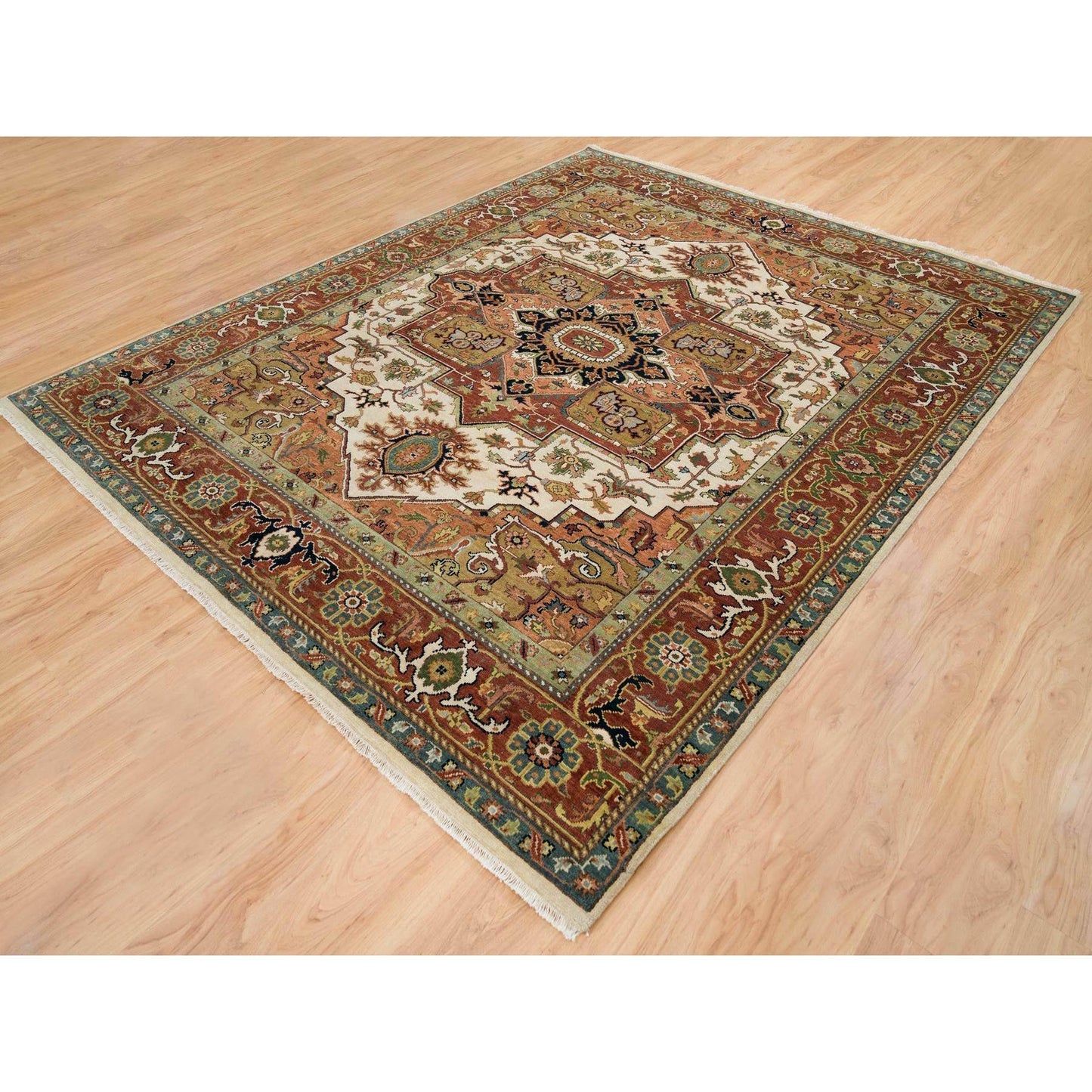 7'9"X9'9" Ivory Heris Medallion Design Pure Wool Hand Knotted Rug