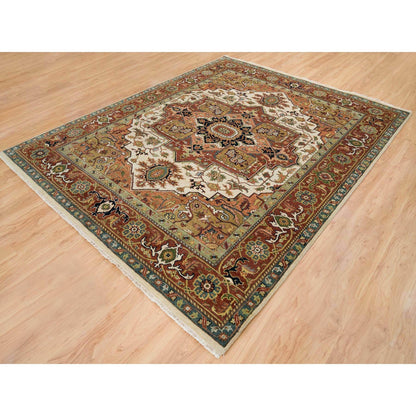 7'9"X9'9" Ivory Heris Medallion Design Pure Wool Hand Knotted Rug