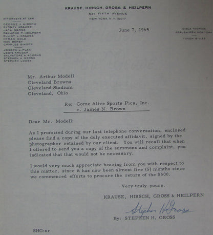 1965 Letters To And From Art Modell About Jim Brown Picture Lawsuit 145103