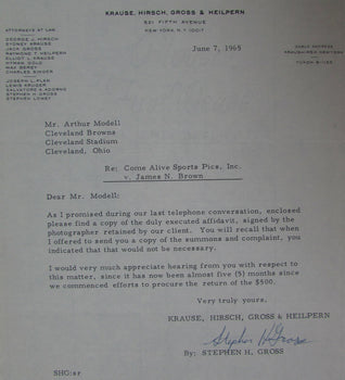1965 Letters To And From Art Modell About Jim Brown Picture Lawsuit 145103