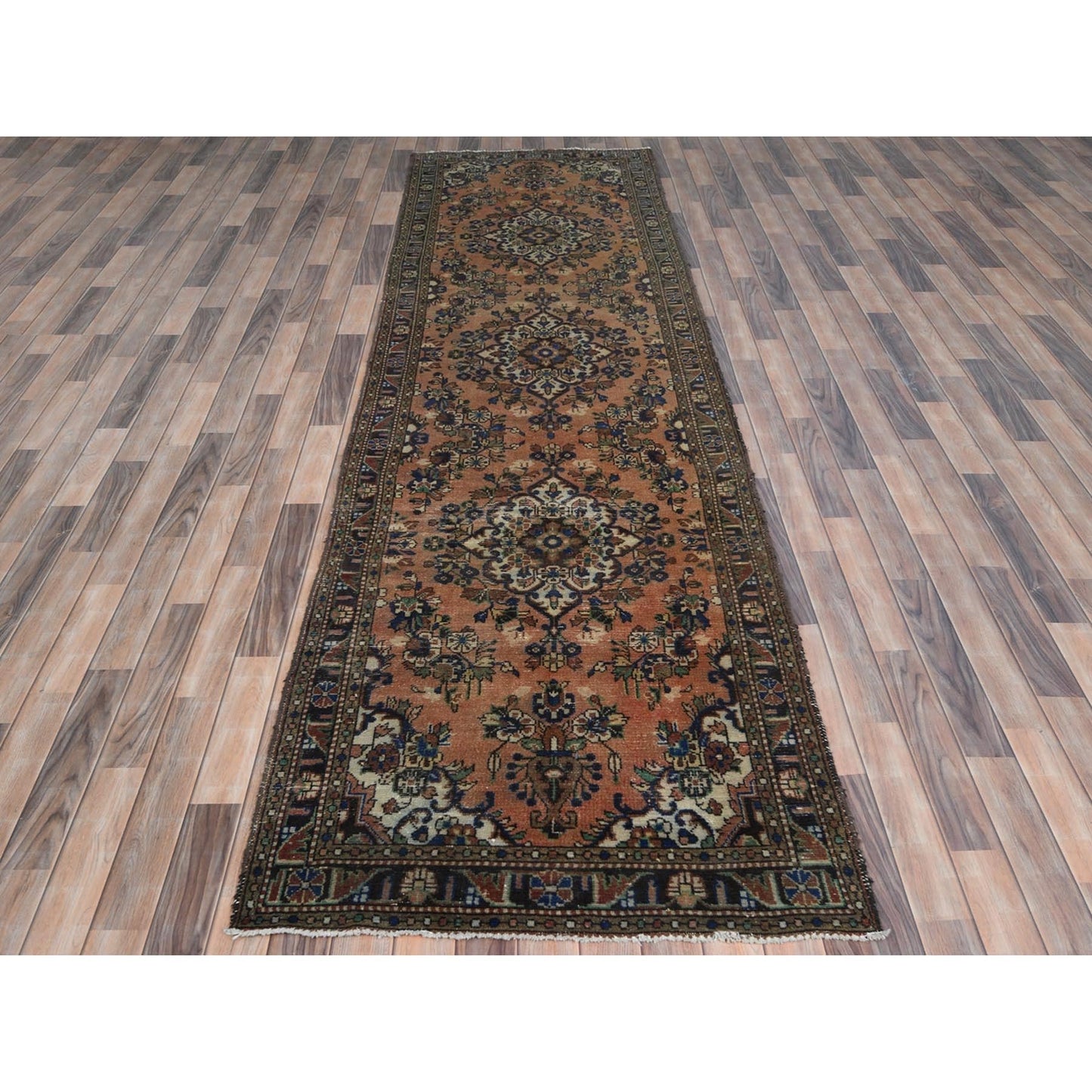 3'5"X13'7" Orange Vintage Farsian Worn Wool Hand Knotted Wide Runner Rug