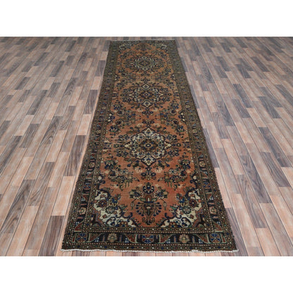 3'5"X13'7" Orange Vintage Farsian Worn Wool Hand Knotted Wide Runner Rug