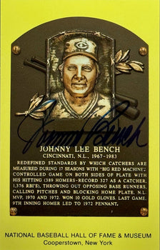 Johnny Bench Autographed Baseball Hall Of Fame Plaque Postcard (Jsa)