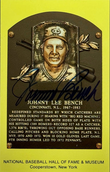 Johnny Bench Autographed Baseball Hall Of Fame Plaque Postcard (Jsa)