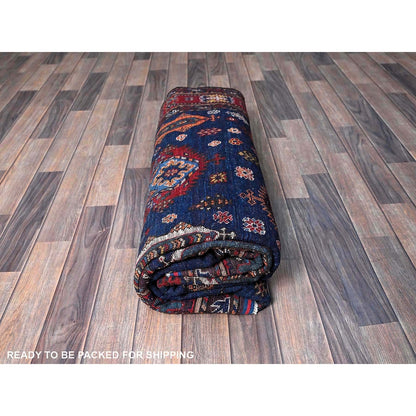 6'1"X8'5" Blue Afghan Caucasian Design Revival Hand Knotted Soft Wool Rug
