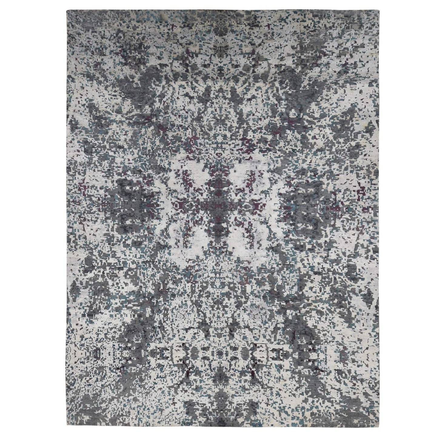 9'10''X13'7'' Gray Modern Abstract Design Hand Knotted Wool And Silk Rug