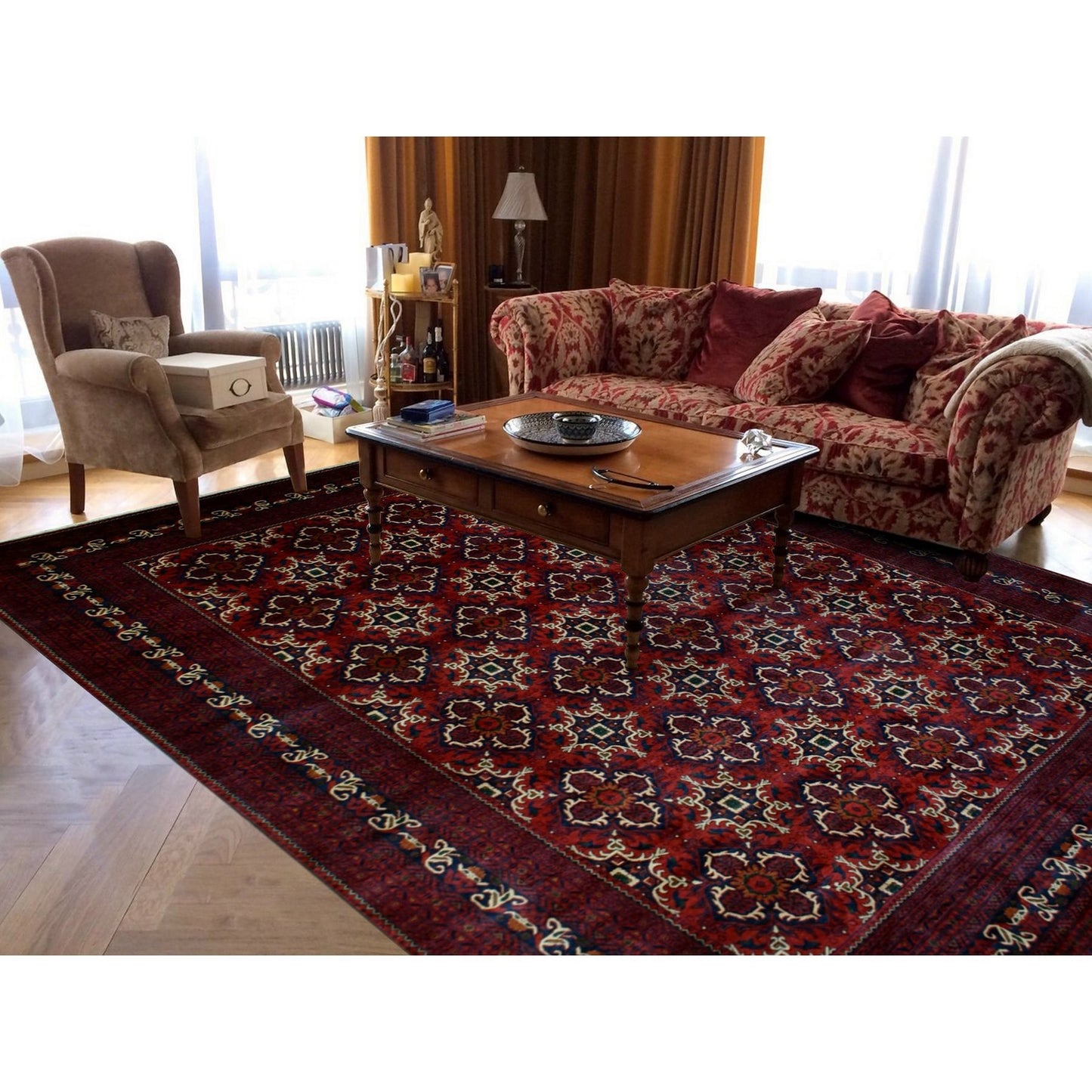 10'X13'8" Red Afghan Khamyab Soft Wool Geometric Design Hand Knotted Rug