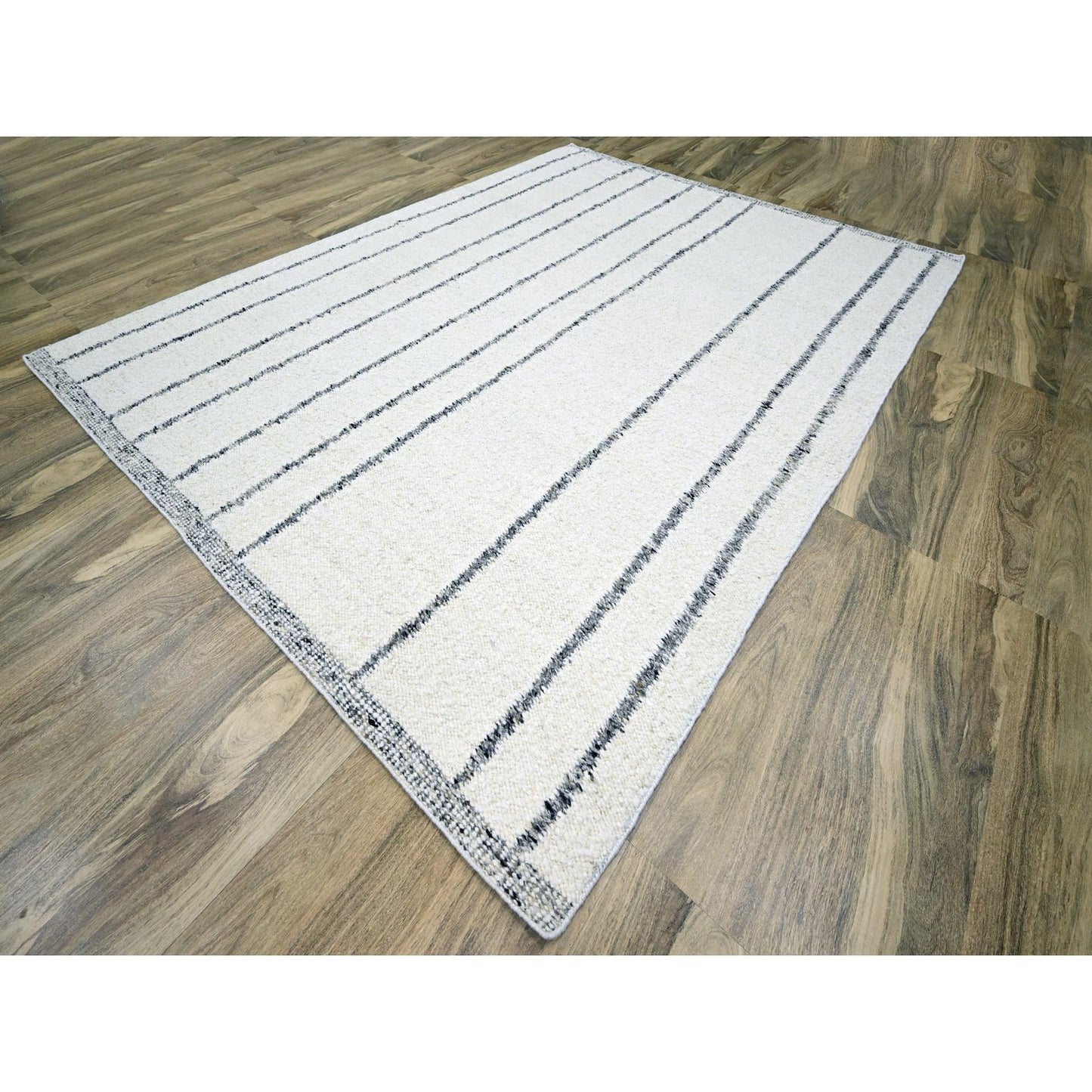 9'3"X12'1" White Moroccan Weave With Line Design Wool Hand Knotted Rug
