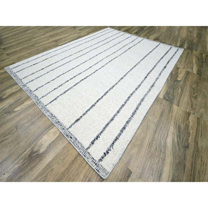 9'3"X12'1" White Moroccan Weave With Line Design Wool Hand Knotted Rug