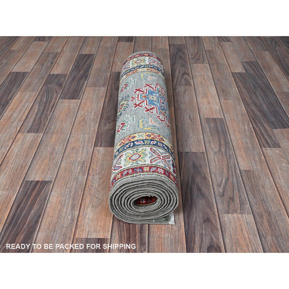2'7"X9'3" Green Kazak With Geometric Design Wool Hand Knotted Runner Rug