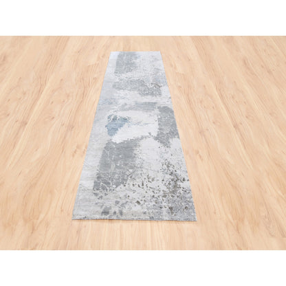 2'9"X10' Gray Modern Wool And Silk Hand Knotted Oriental Runner Rug