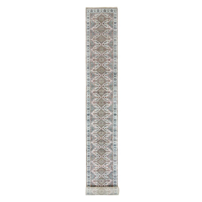 2'7"X21'9" Vista White Hand Knotted Flower Border Xl Runner Oriental Rug