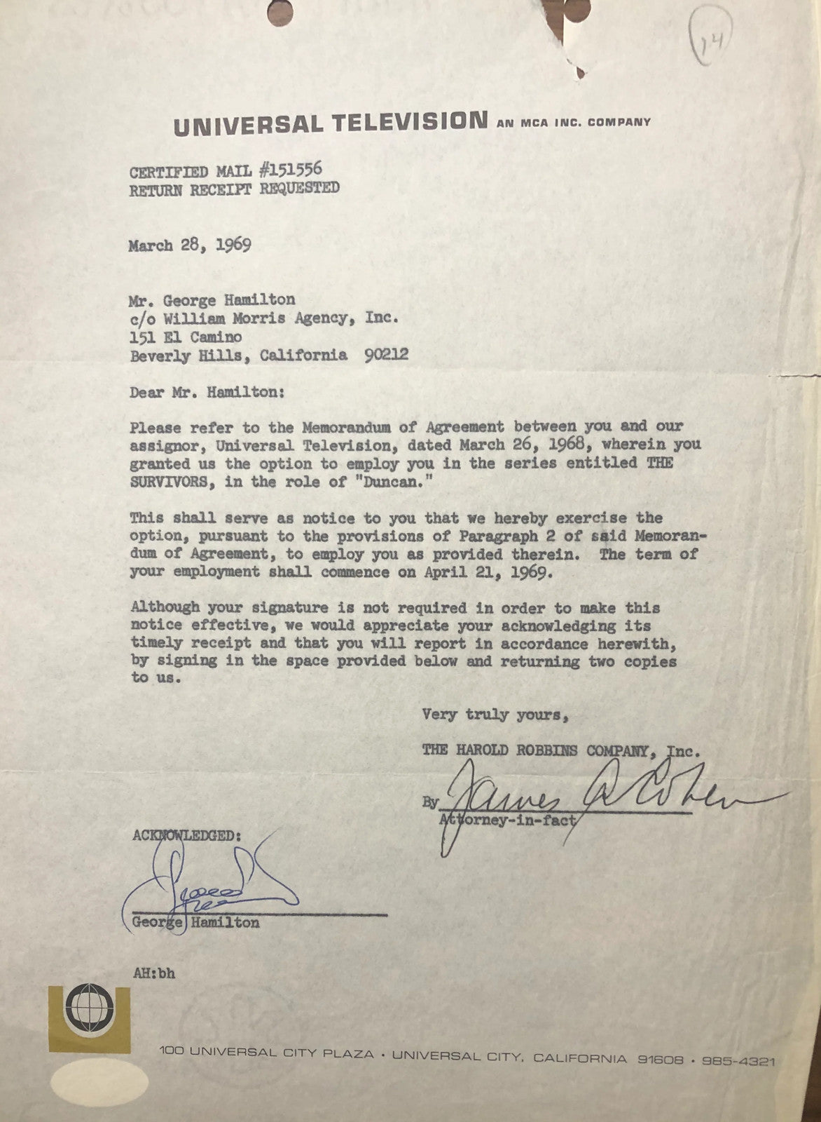 George Hamilton Autographed Contract (Jsa)
