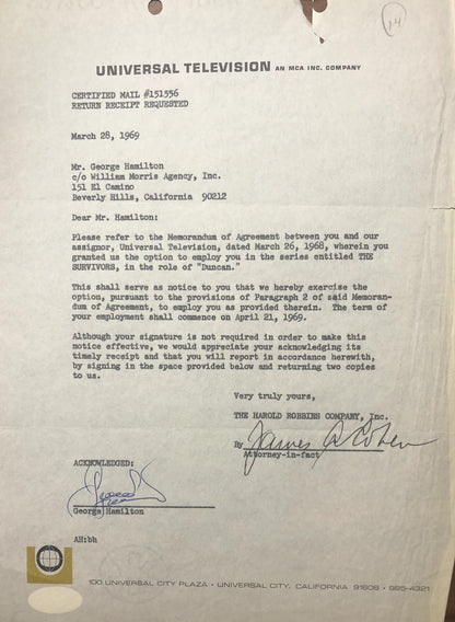 George Hamilton Autographed Contract (Jsa)
