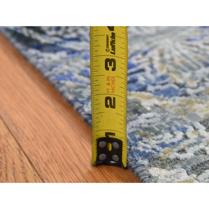 2'7"X8'3" Blue Broken And Erased Silk With Wool Hand Knotted Runner Rug