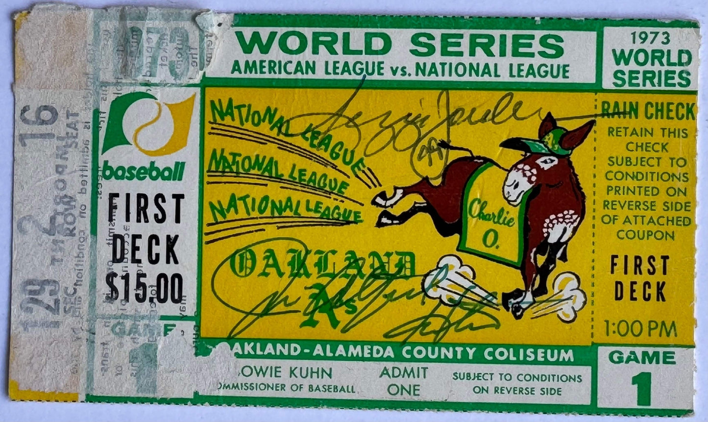 Reggie Jackson Catfish Hunter Signed 1973 World Series Ticket Stub Game #1 10/13