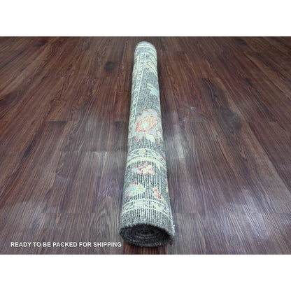 4'1"X6' Dim Gray Hand Knotted Afghan Angora Oushak Leaf Pattern Wool Rug