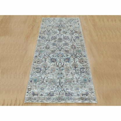 2'6"X6'2" Ivory Silk With Textured Wool Hand Knotted Runner Fine Rug