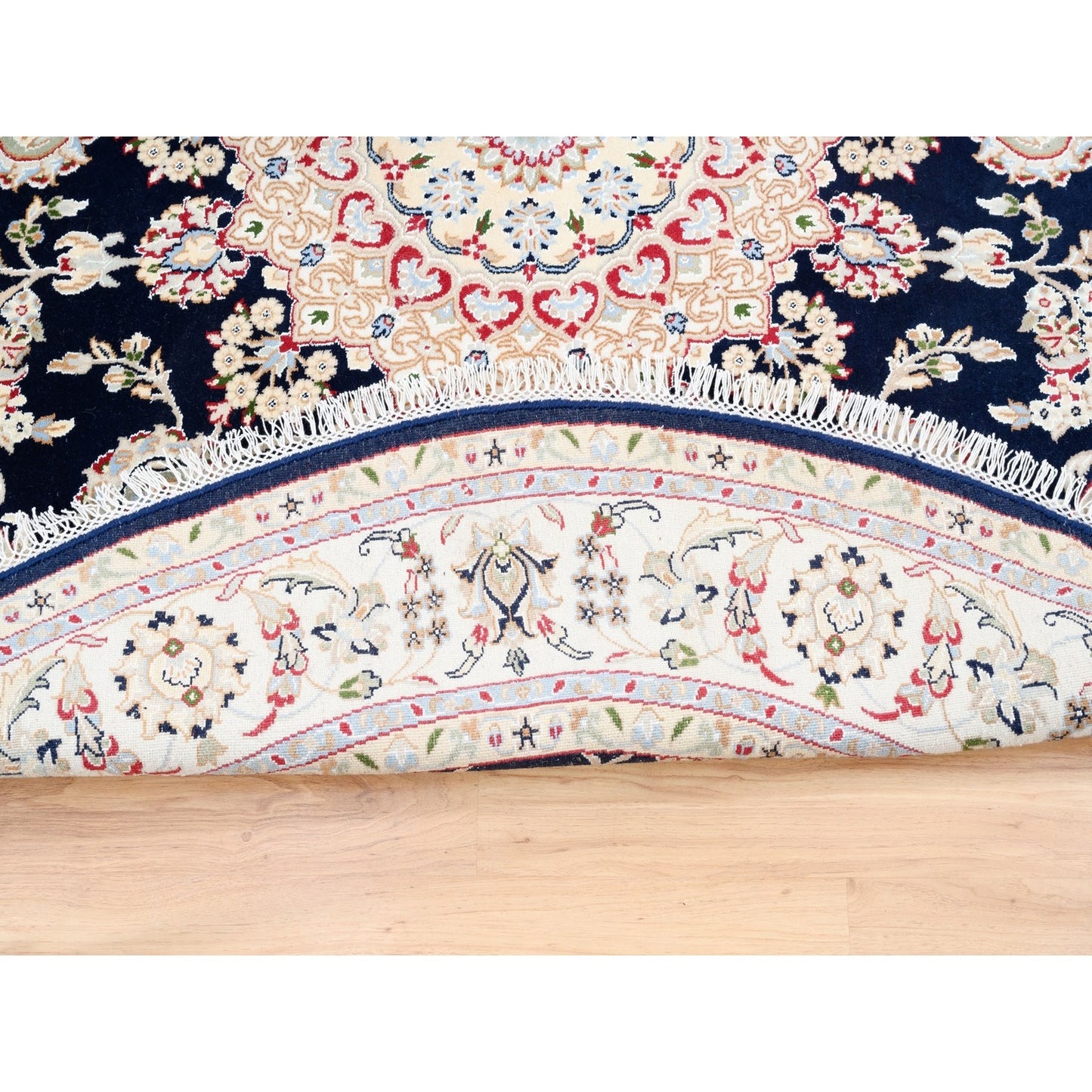 6'X6' Nain Pure Wool 250 Kpsi Navy Blue Hand Knotted Round Oriental Rug
