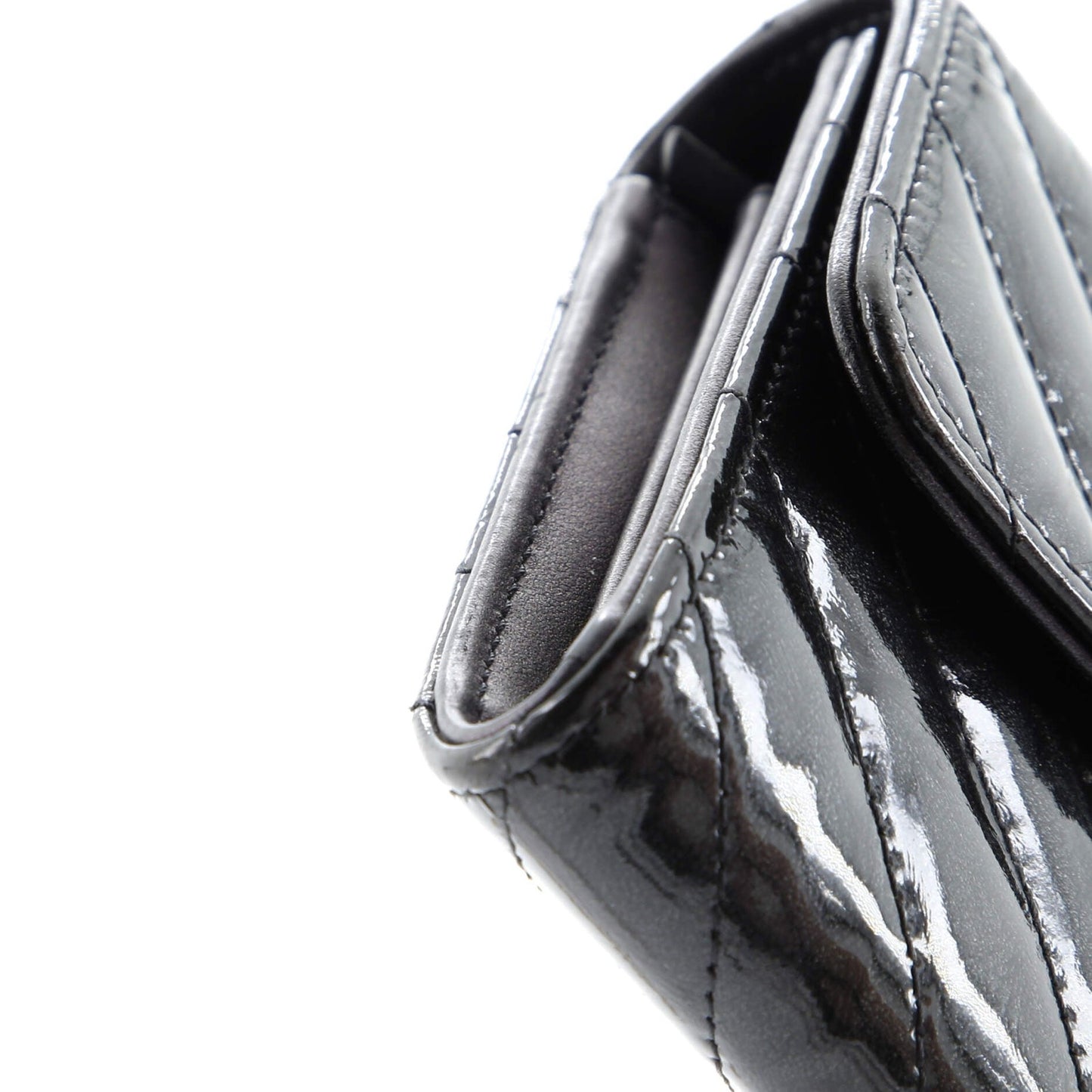 Chanel So Black Cc Gusset Classic Flap Wallet Chevron Crumpled Metallic Patent