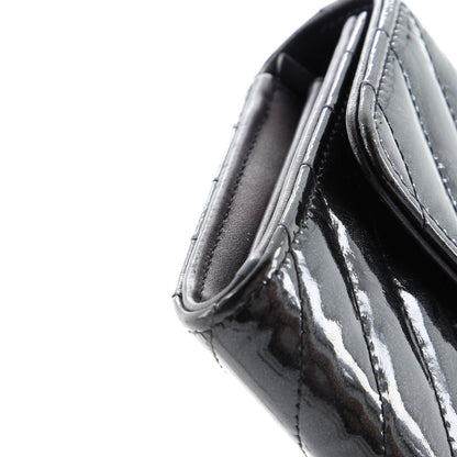 Chanel So Black Cc Gusset Classic Flap Wallet Chevron Crumpled Metallic Patent