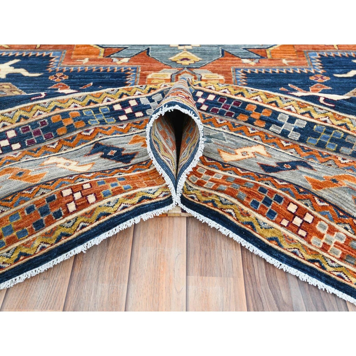 8'4"X9'7" Blue Wool Hand Knotted Armenian Inspired Design 200 Kpsi Rug