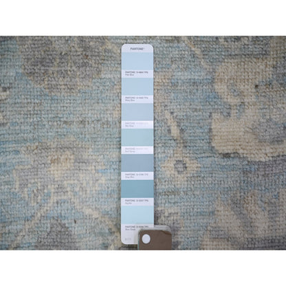 4'X10'1" Cerulean Blue Hand Knotted Afghan Angora Oushak Wool Runner Rug