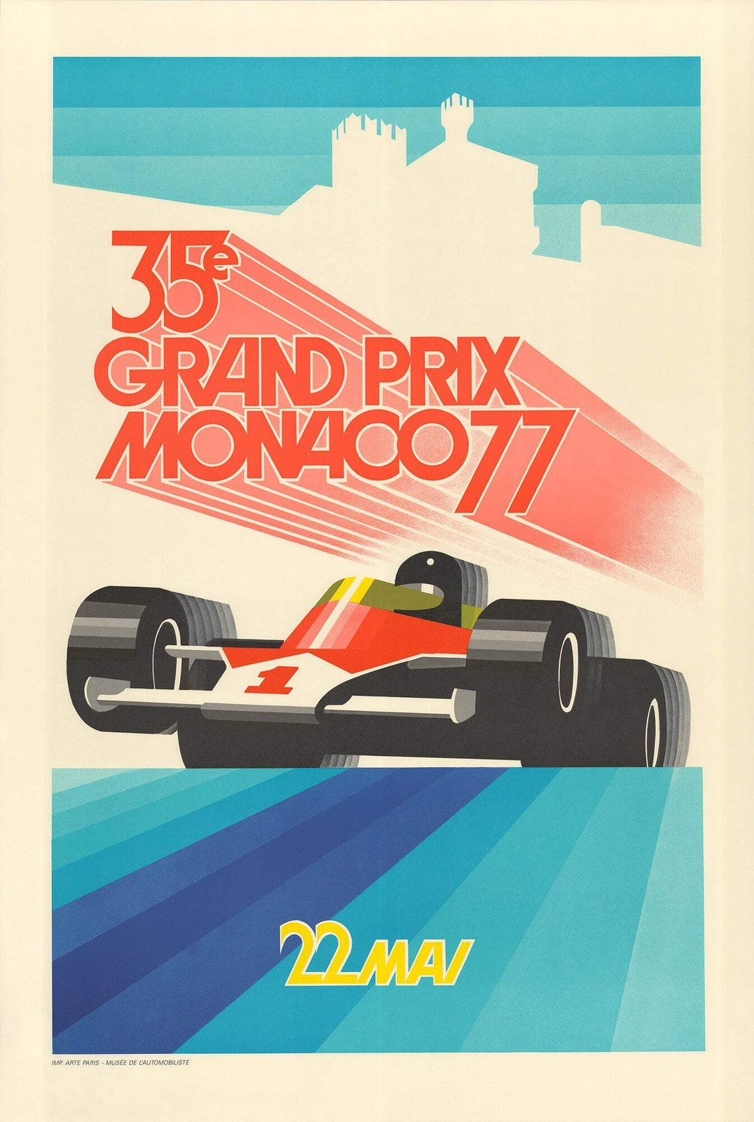 ROLAND HUGON Monaco Grand Prix 1977 39.5" x 26.75" Lithograph 1990 Vintage Blue