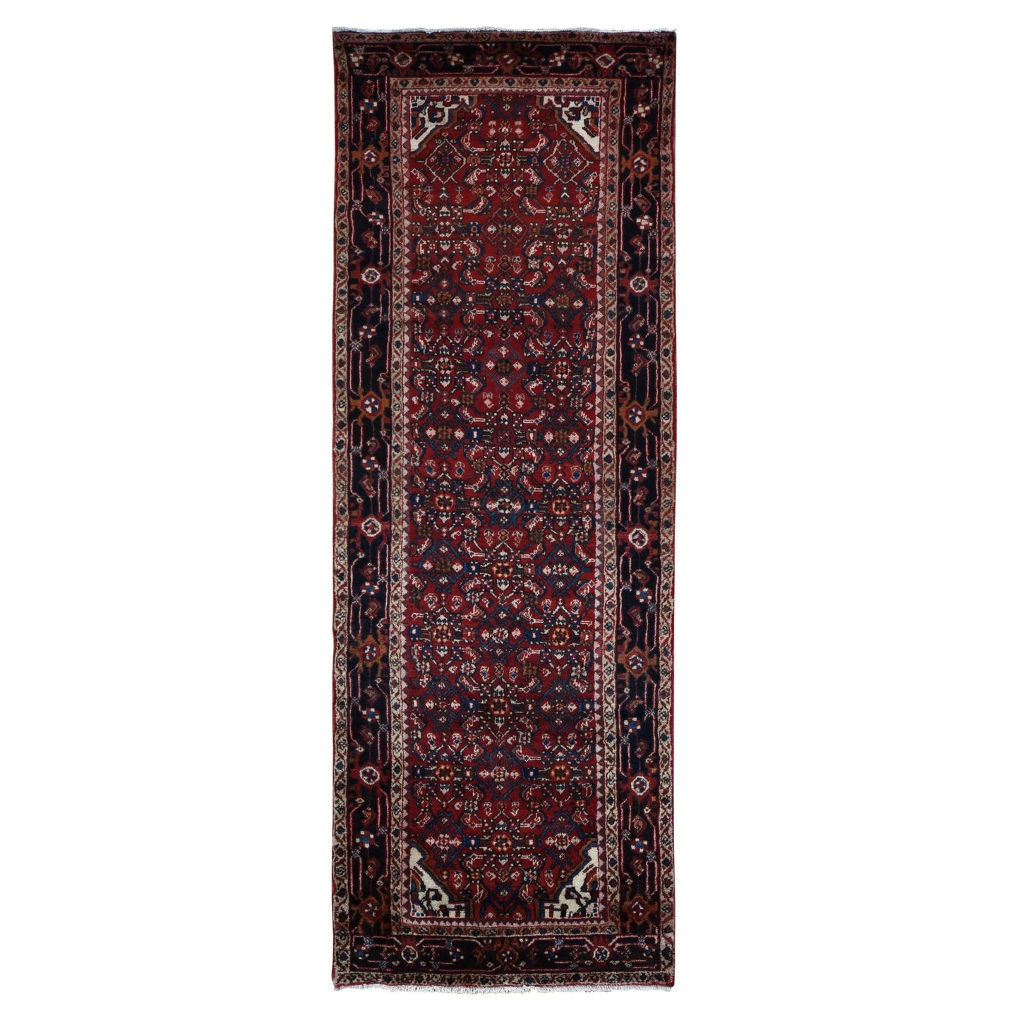 3'7"X10'2" Red Semi Antique Zoroastrian Wool Hand Knotted Wide Runner Rug