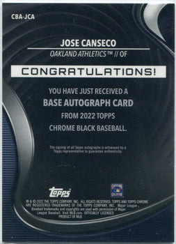 Jose Canseco 2022 Topps Chrome Black Autographed