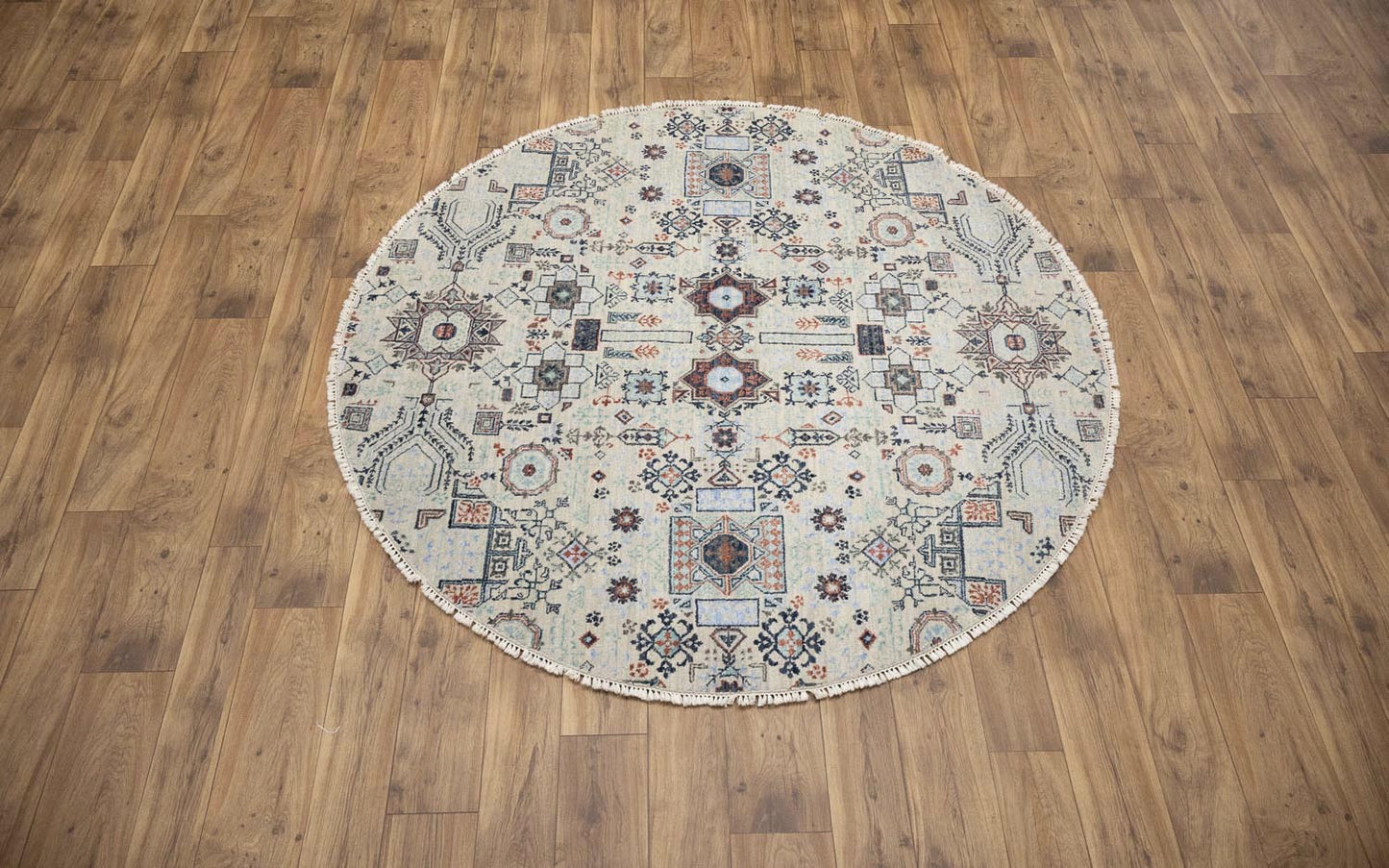 Hand-Knotted Cream Oushak Oriental Round Rug 6x6 Ft Classic Foyer Carpet