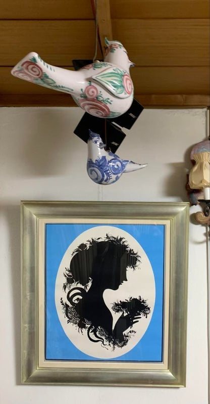 Bjorn Wiinblad Vintage Silhouette Girl Blue Silk Screen Poster Silver Frame Blue