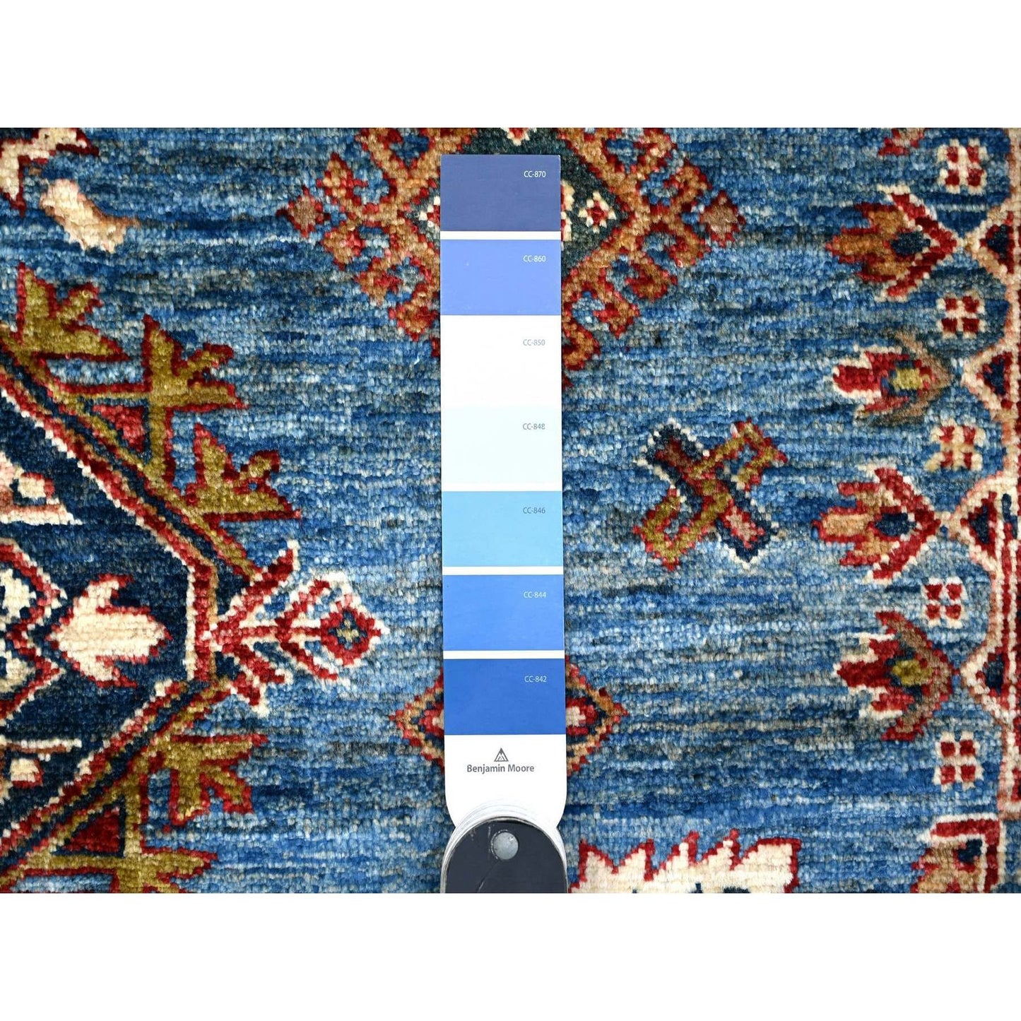 7'10"x10' Busty Blue Hand Knotted Wool Super Kazak Large Medallions Rug