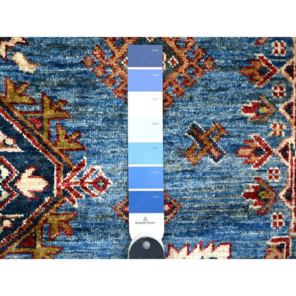 7'10"x10' Busty Blue Hand Knotted Wool Super Kazak Large Medallions Rug