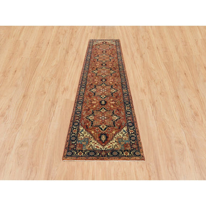 2'7"X12'1" Red Hand Knotted Heris Re-Creation Organic Wool Runner Rug