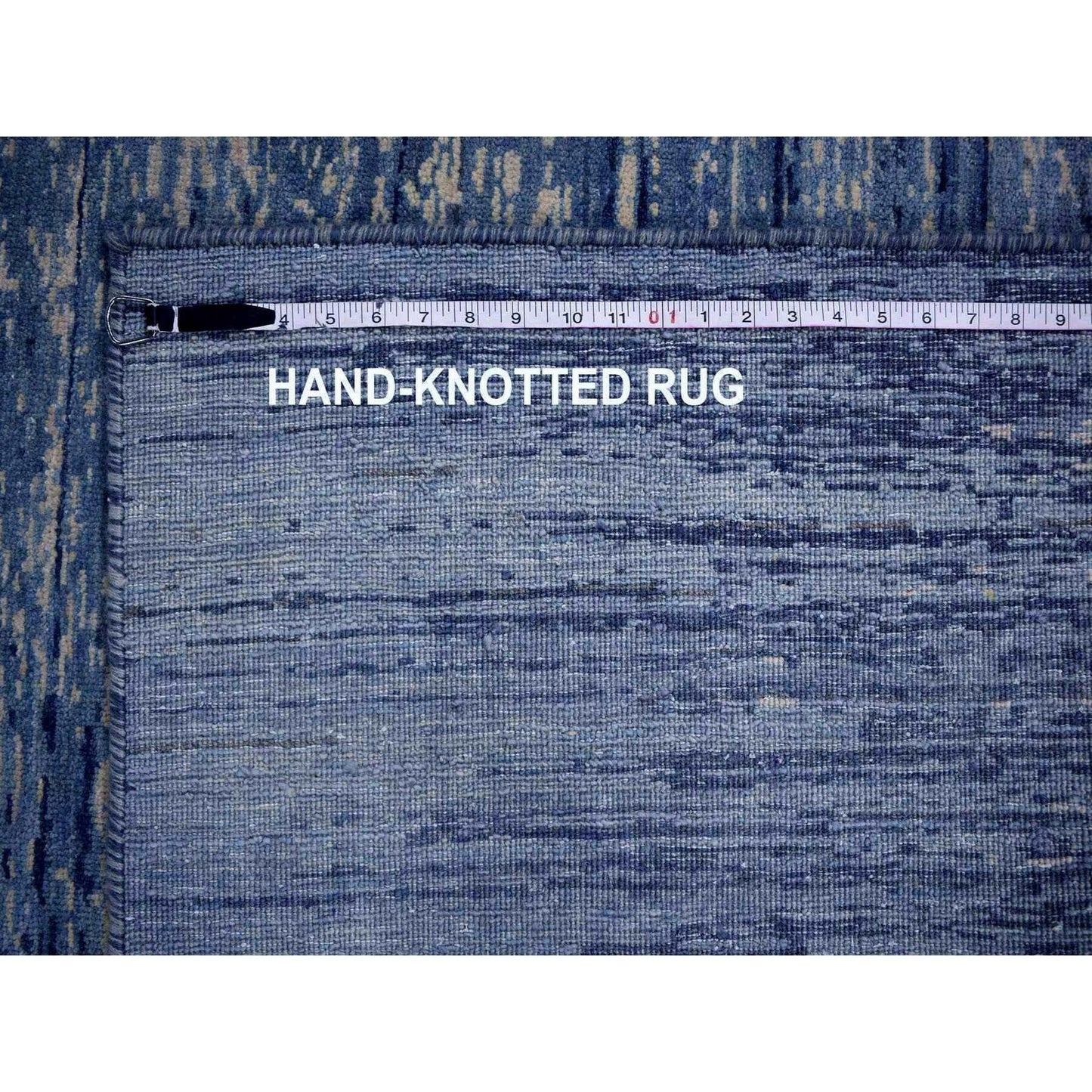 6'X8'10" Blue-Ivory Horizontal Ombre Design Pure Wool Hand Knotted Rug
