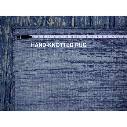 6'X8'10" Blue-Ivory Horizontal Ombre Design Pure Wool Hand Knotted Rug