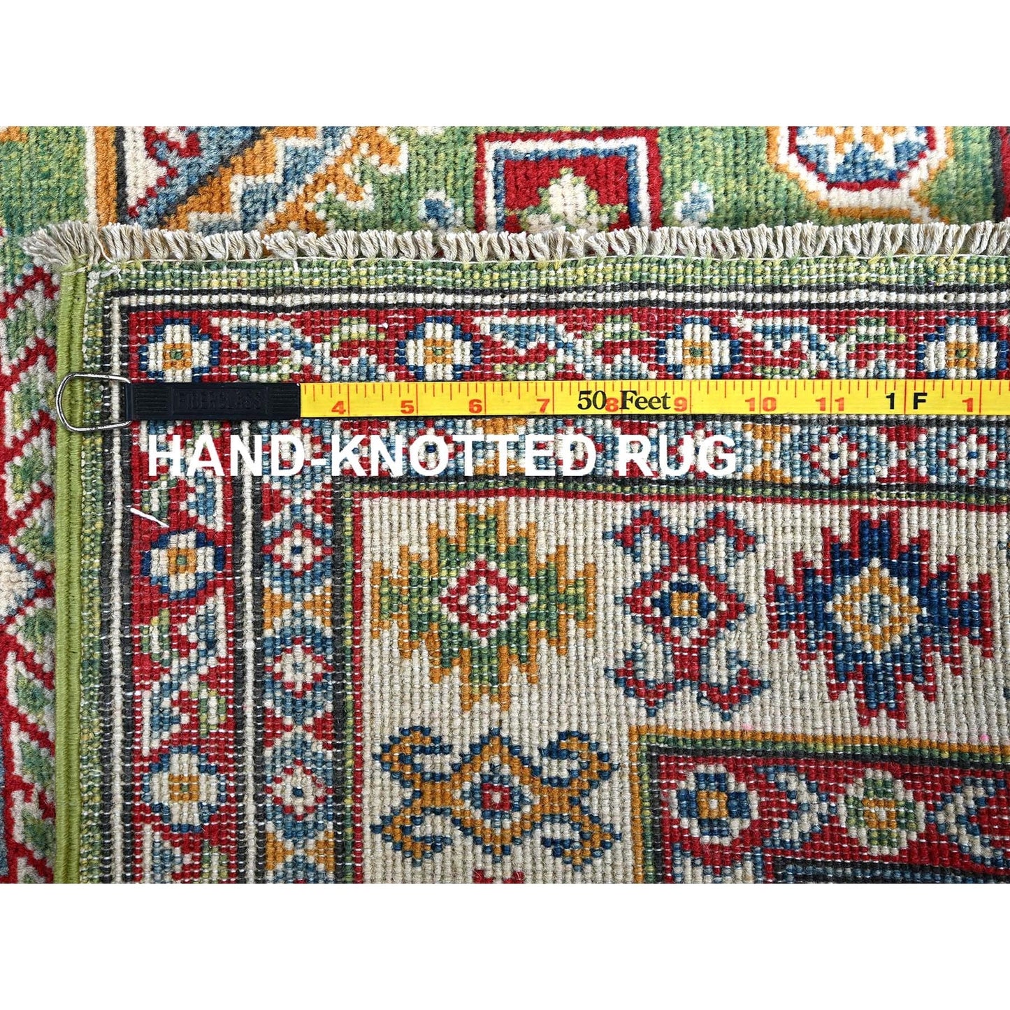 3'4"X5' Swamp Green Kazak With Geometric Design Hand Knotted Pure Wool Rug