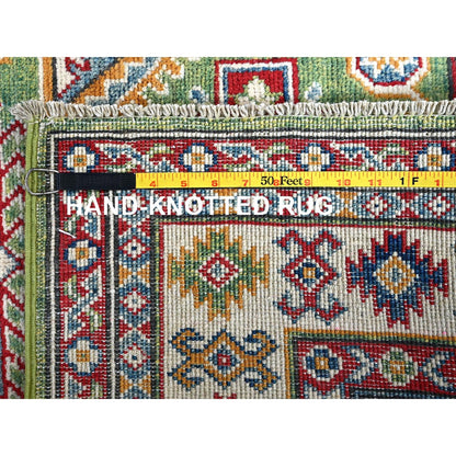 3'4"X5' Swamp Green Kazak With Geometric Design Hand Knotted Pure Wool Rug