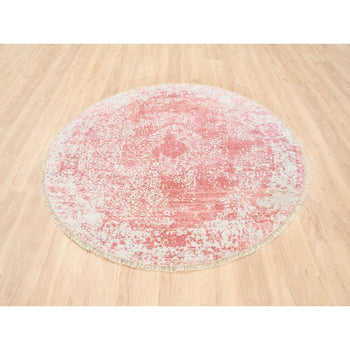 6'X6' Hand Knotted Pink Broken Farsian Design Wool And Silk Round Rug