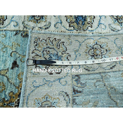 2'6"X29'10" Blue Hand Knotted Flower Vines Design Pure Wool Xl Runner Rug