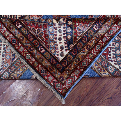 7'10"X10' Busty Blue Hand Knotted Wool Super Kazak Large Medallions Rug
