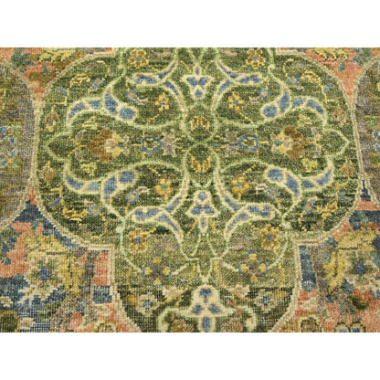 10'X14'3" Moss Green Repetitive Emblem Design Pure Wool Hand Knotted Rug